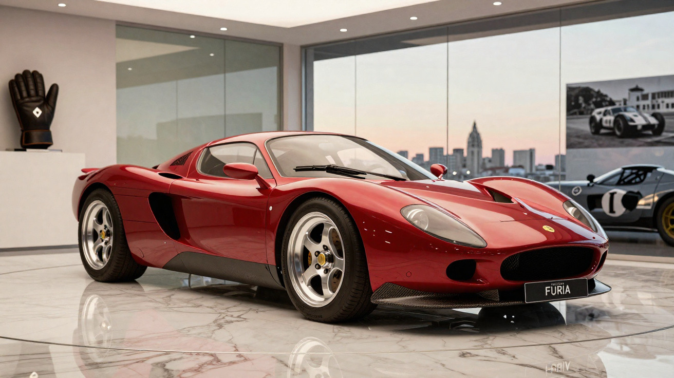 Carro esportivo vermelho modelo Fúria exposto em salão com janela ampla e vista urbana ao fundo.