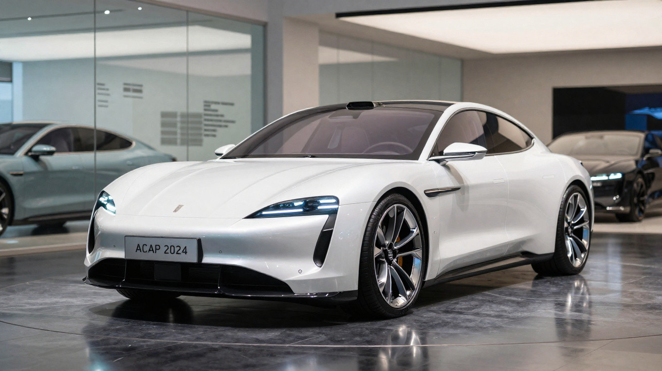 Carro esportivo branco elétrico moderno exposto em showroom com piso refletivo e vidro ao fundo.