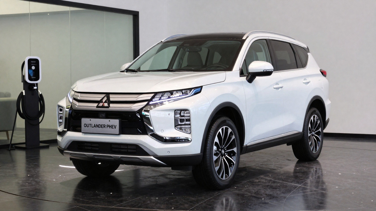 SUV Mitsubishi Outlander PHEV branco estacionado ao lado de um carregador elétrico em ambiente interno.