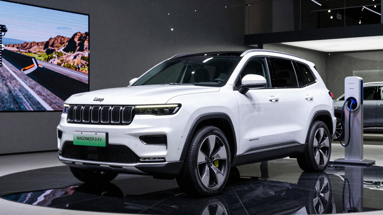 SUV elétrico branco Jeep Wagoneer S EV em exposição, conectado a estação de recarga.