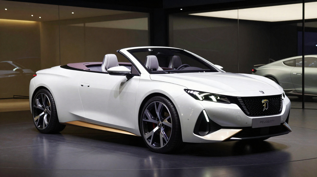 Carro conversível branco da Peugeot exibido em showroom com design moderno e faróis acesos.