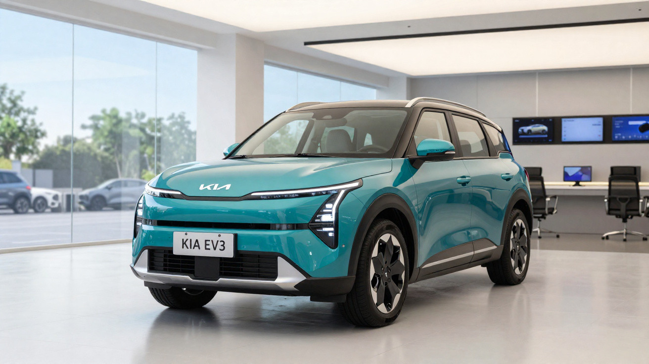 Carro elétrico Kia EV3 azul em exposição dentro de showroom moderno com janelas amplas.