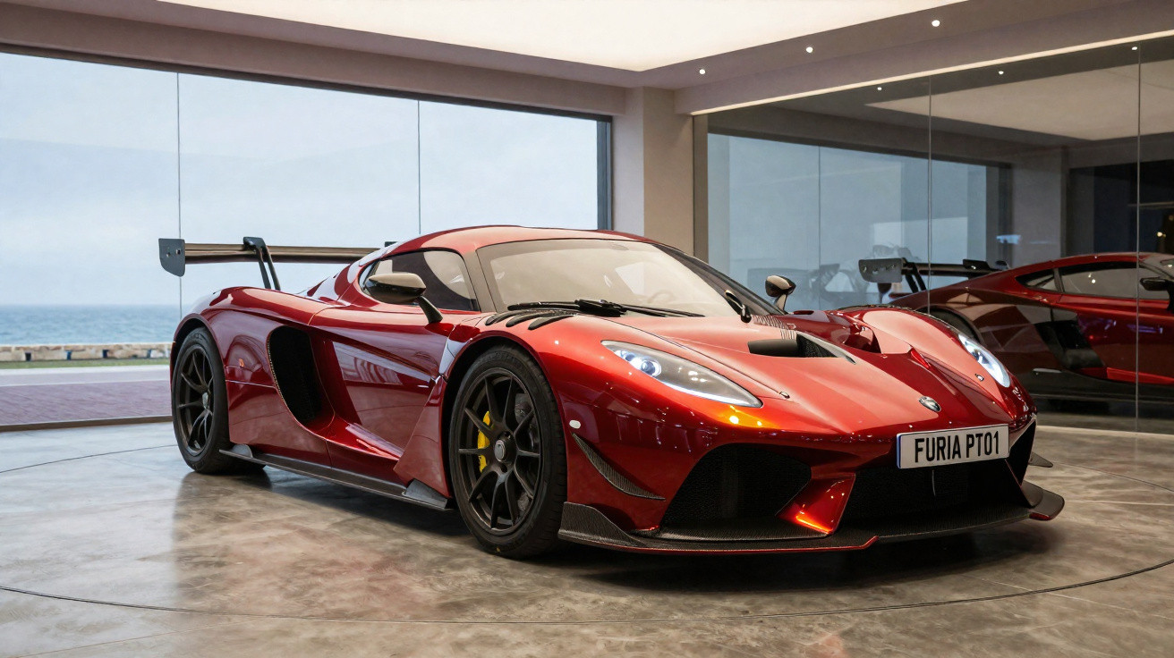 Carro esportivo vermelho com aerofólio traseiro em garagem com parede de vidro e vista para o mar.