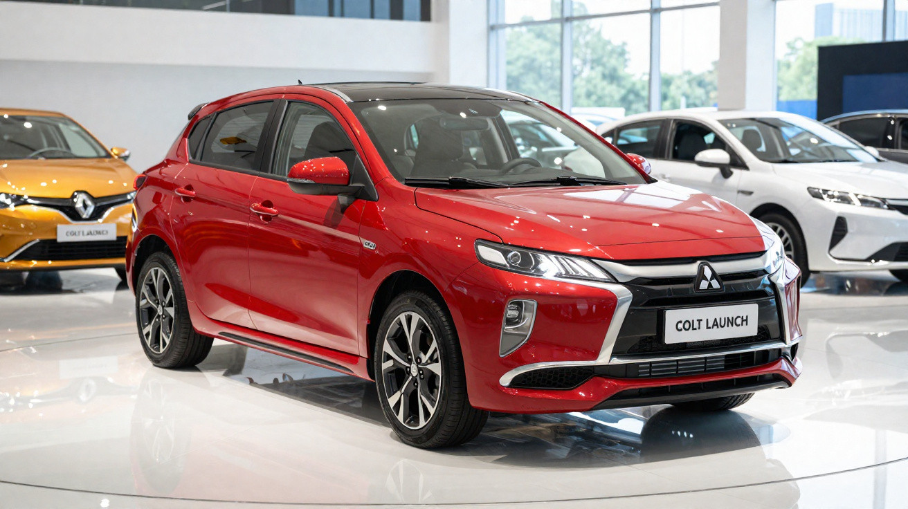 Carro vermelho Mitsubishi Colt Launch em exposição interna com outros veículos ao fundo.