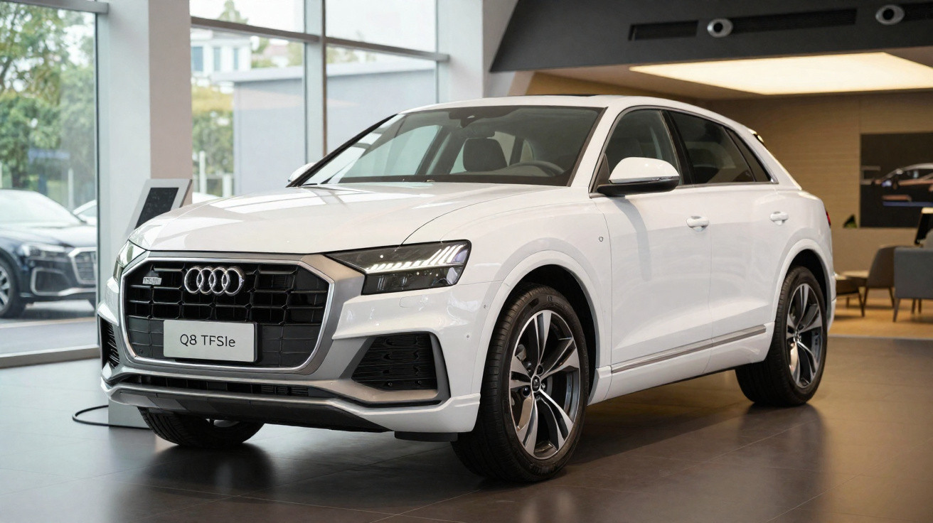 SUV branco Audi Q8 TFSIe exposto em showroom moderno e iluminado.
