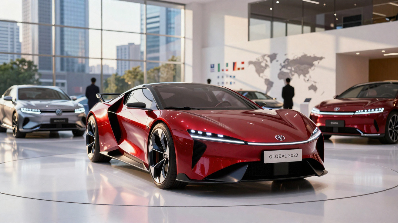 Carro esportivo vermelho futurista em exposição em showroom moderno com outros carros ao fundo.
