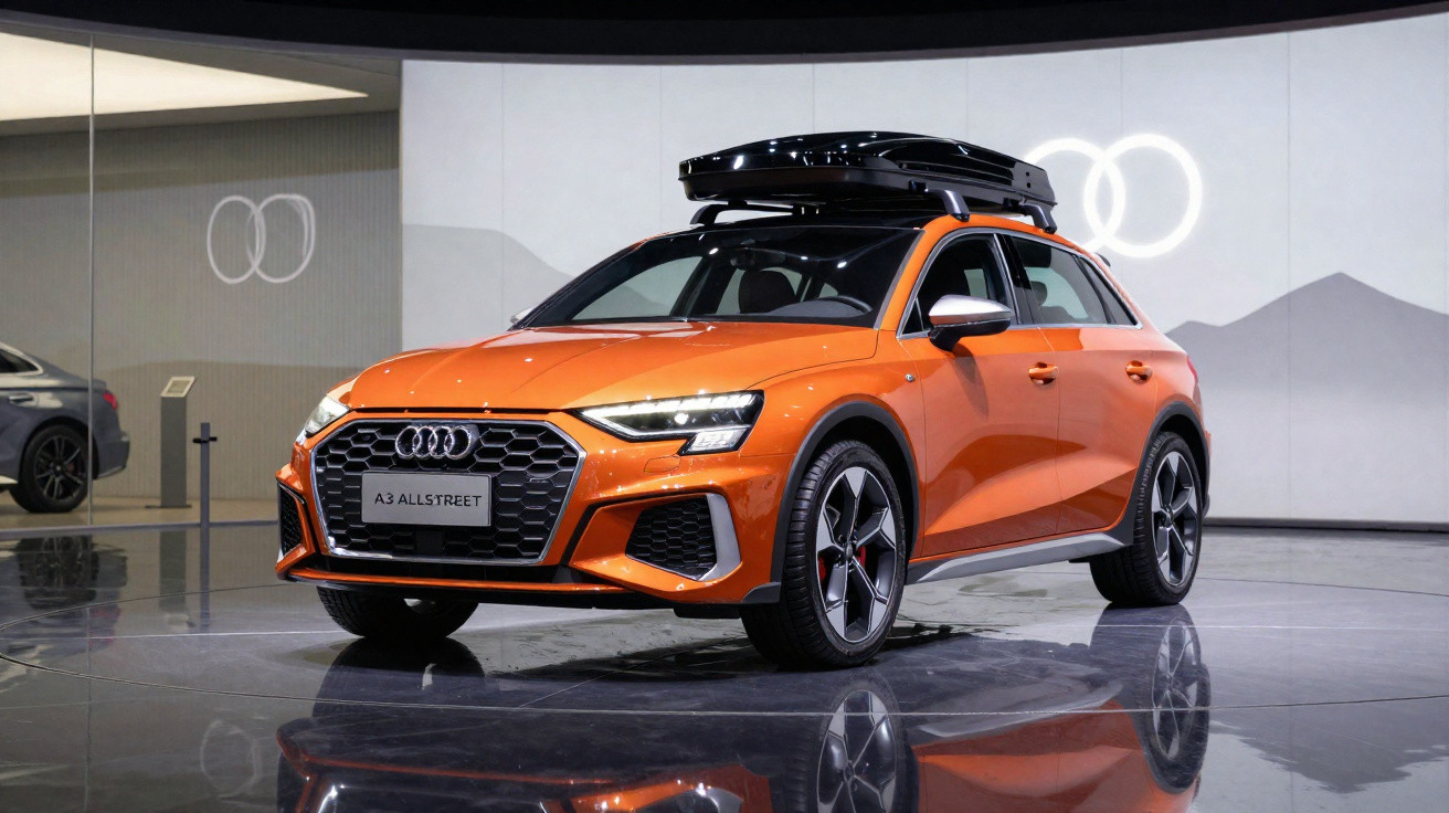 Carro Audi A3 Allstreet laranja com bagageiro preto no teto em exposição em salão automotivo.