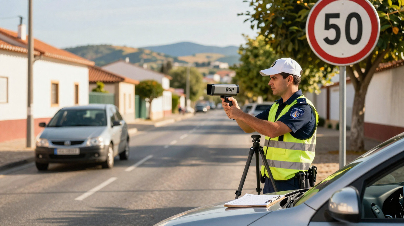 Policial medindo velocidade de veículos em via urbana com limite de 50 km/h, em dia ensolarado.