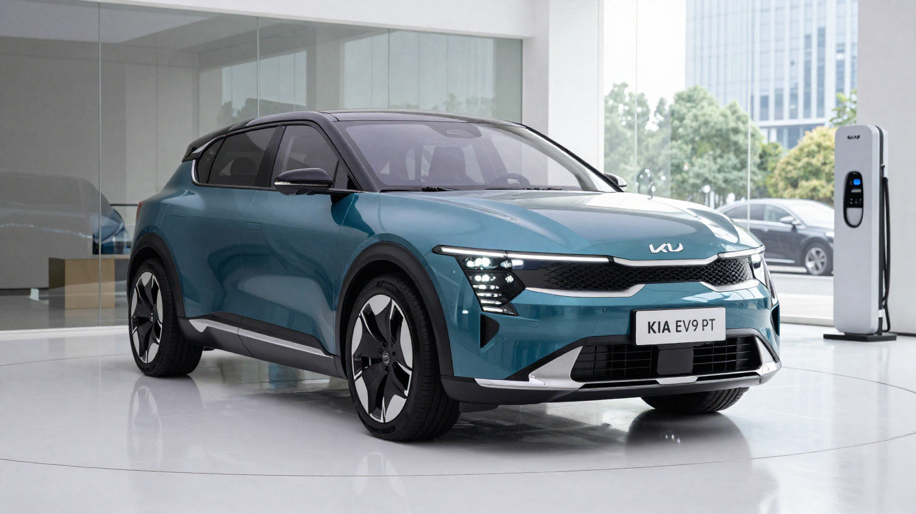 Carro elétrico Kia EV9 PT azul estacionado em showroom moderno com estação de recarga ao lado.
