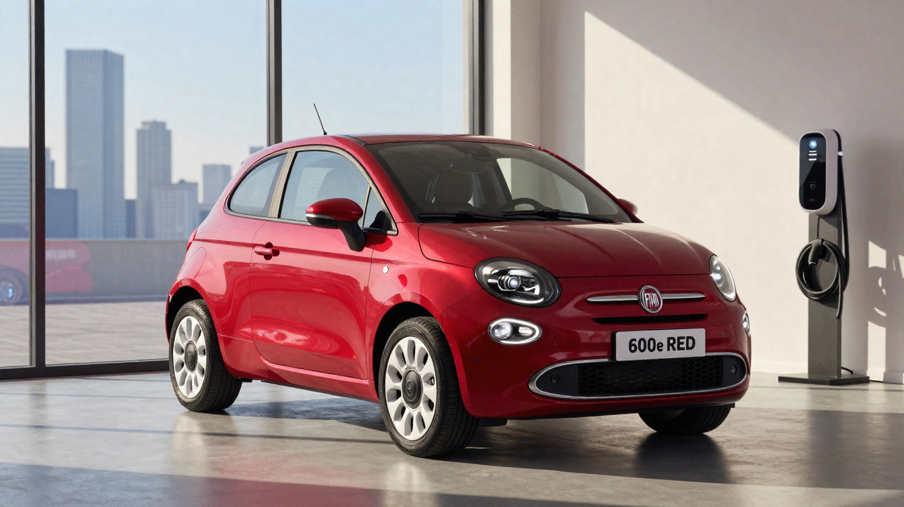 Carro elétrico vermelho Fiat 600e RED estacionado em ambiente interno ao lado de carregador elétrico.