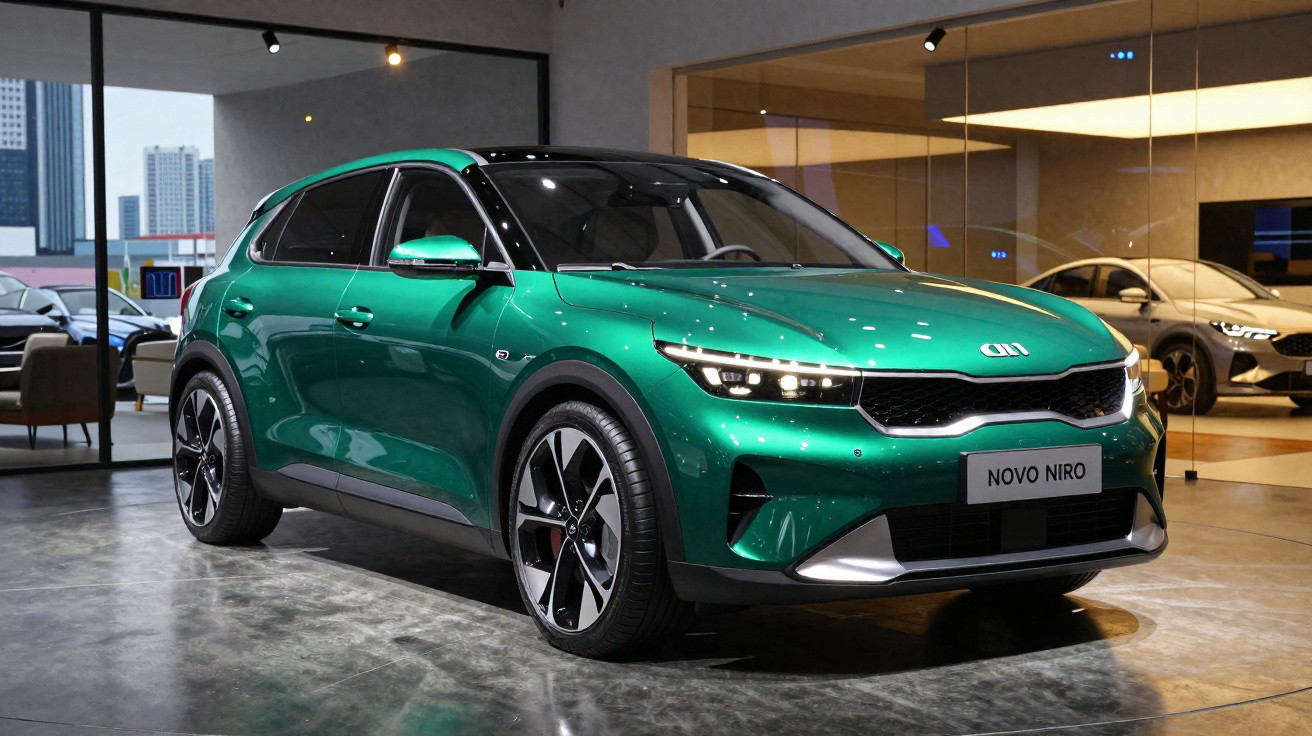 Carro verde Kia Novo Niro estacionado em showroom moderno com iluminação interna amarela.