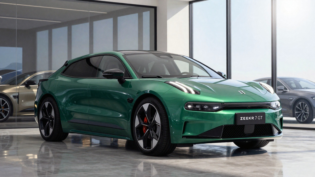 Carro elétrico esportivo Zeekr 7 GT verde estacionado em showroom moderno com piso de concreto polido.