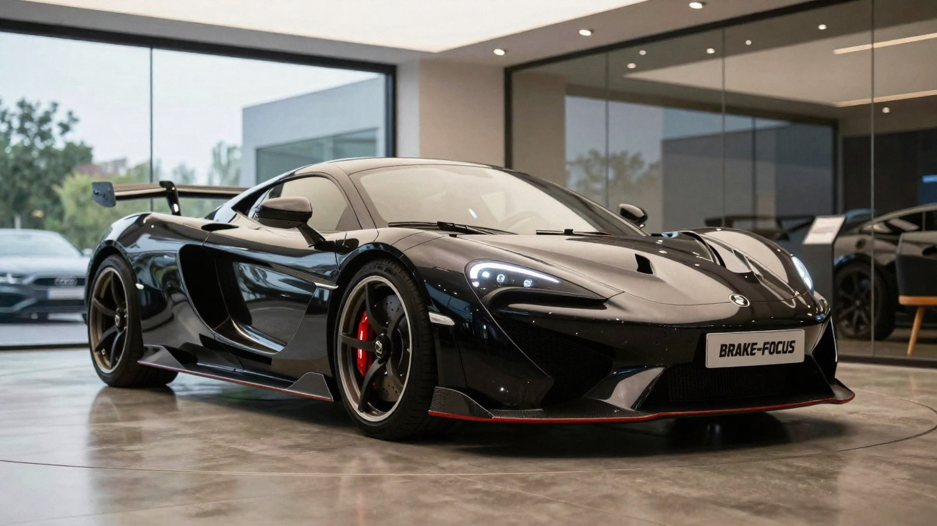 Carro esportivo preto com aerofólio traseiro em showroom moderno com piso de concreto polido.