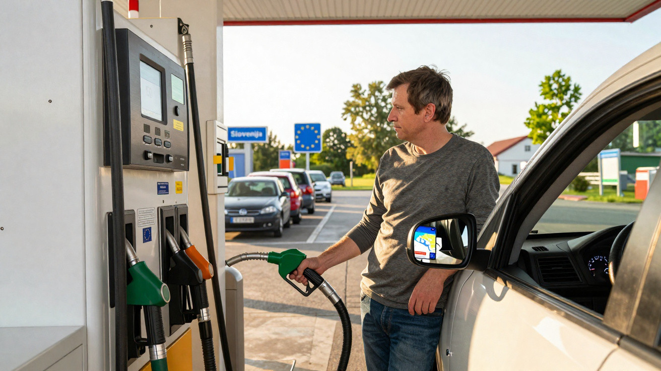 Homem em posto de gasolina abastecendo carro branco em área com placas da União Europeia e Eslovênia.