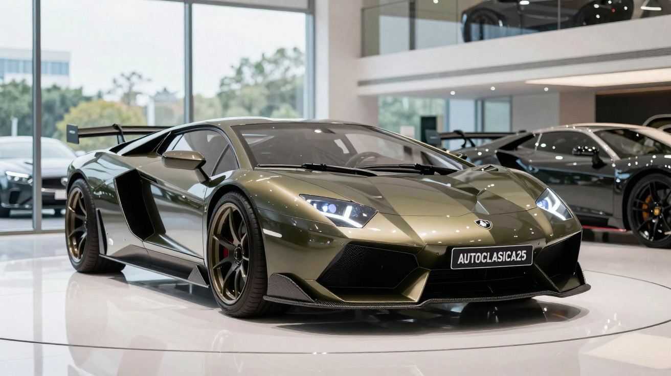 Carro esportivo Lamborghini verde metálico estacionado em showroom moderno com vidros grandes e piso branco brilhante.