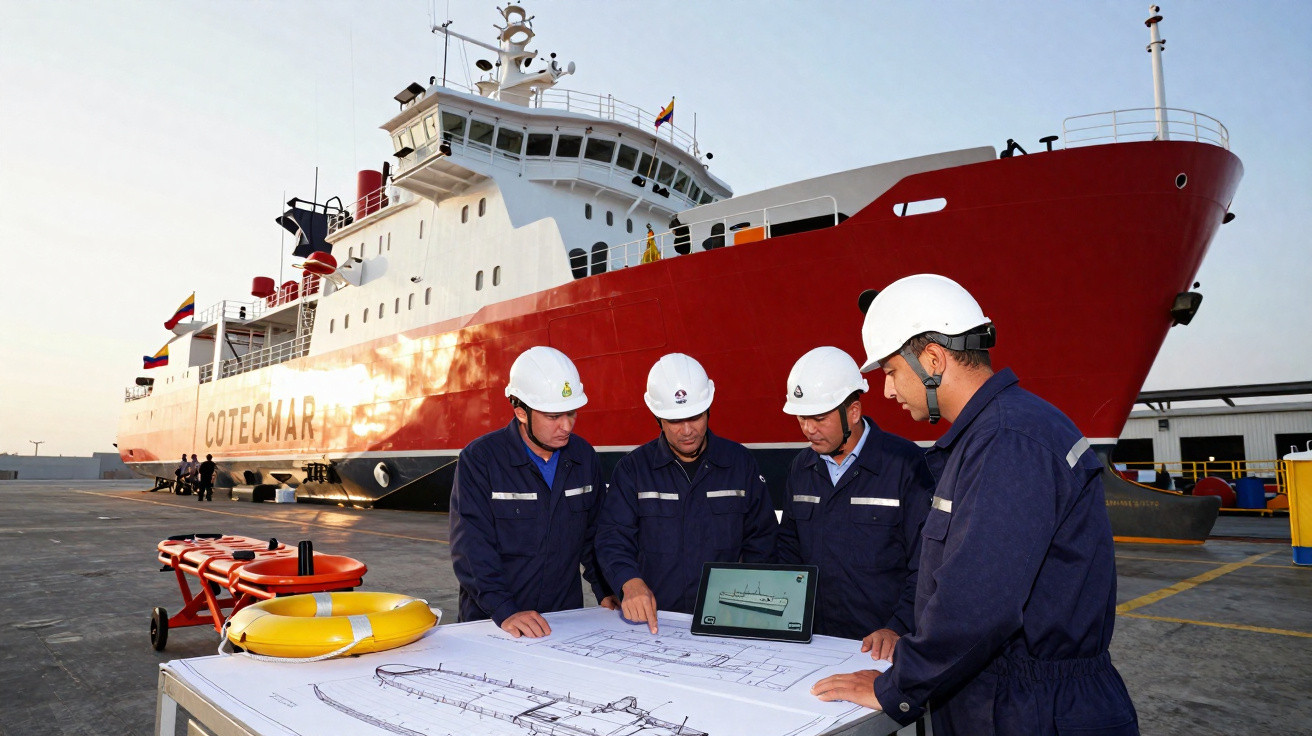 Quatro trabalhadores com capacetes revisam plantas de navio em cais com embarcação vermelha ao fundo.