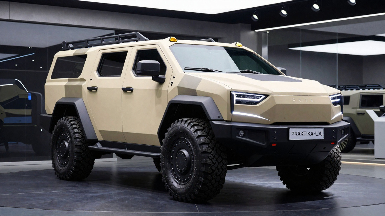 Veículo blindado off-road bege com design robusto exibido em ambiente interno moderno.