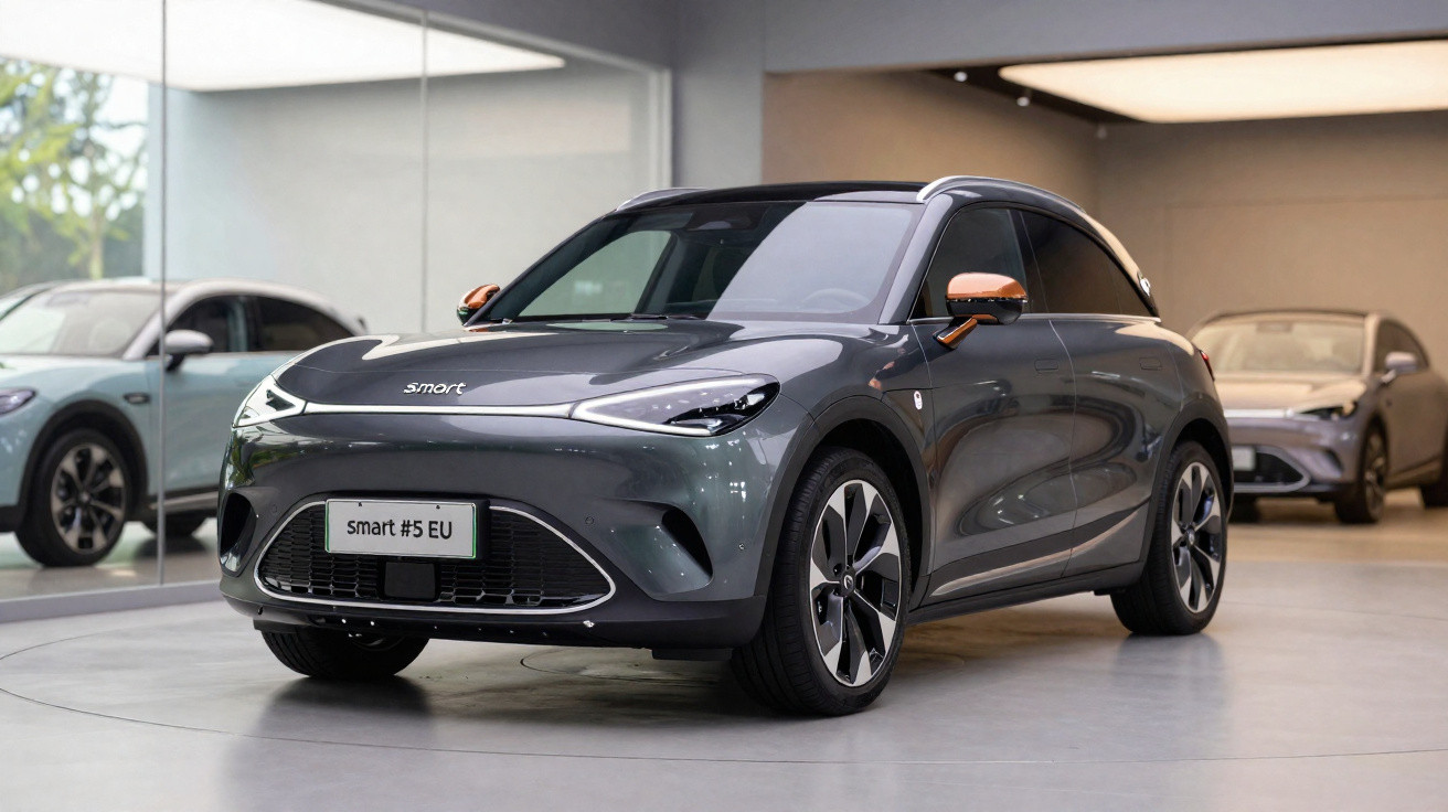 Carro elétrico Smart #5 EU cinza em exposição interna com paredes e piso claros.