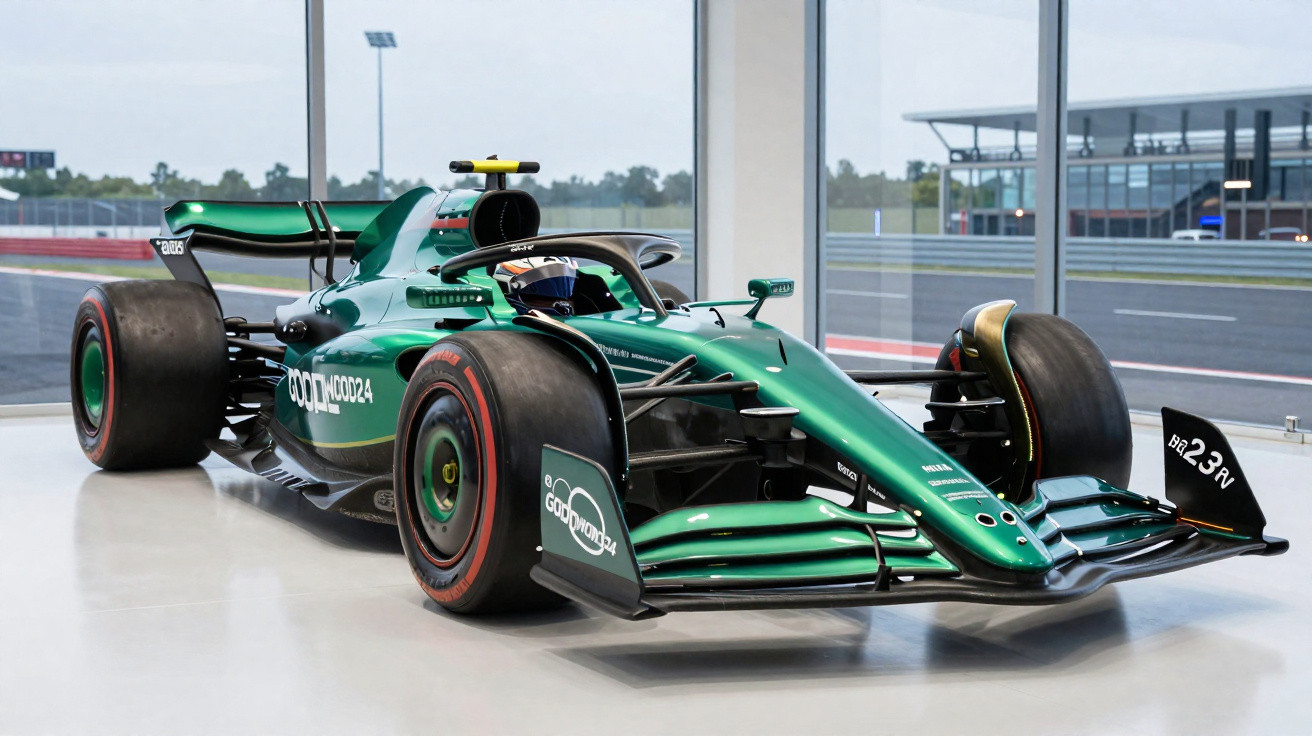 Carro de Fórmula 1 verde estampado com patrocínio, em exibição dentro de um prédio com vidro.