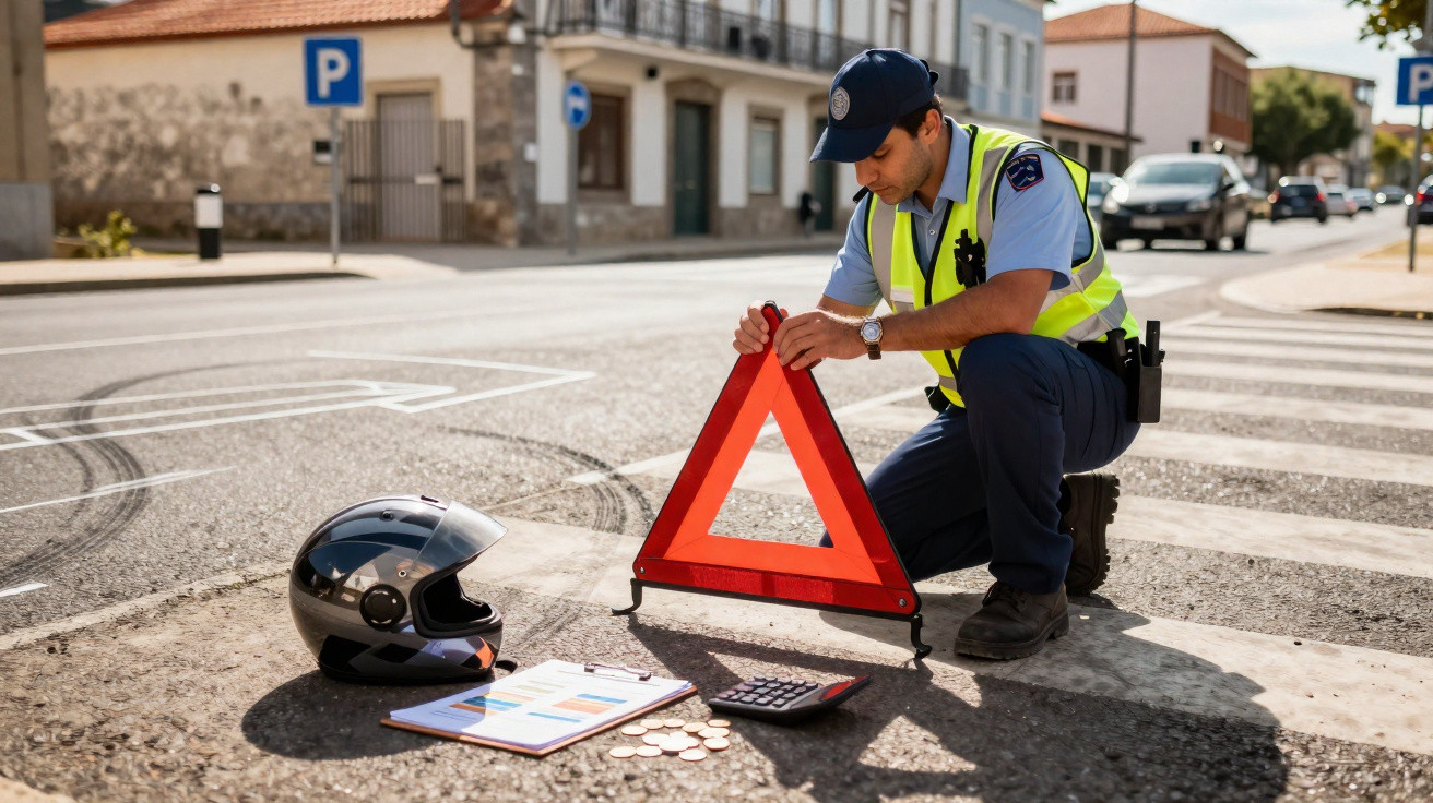 Policial de trânsito ajeita triângulo de segurança próximo a capacete, calculadora e documentos na rua.