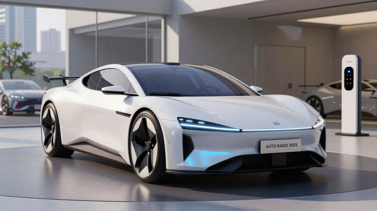Carro esportivo elétrico branco futurista estacionado em showroom moderno com detalhes aerodinâmicos.