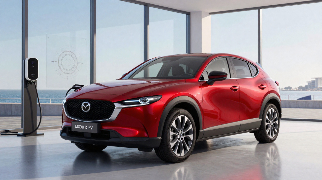 Carro elétrico Mazda MX30 R-EV vermelho em ambiente interno ao lado de estação de recarga junto à janela grande.