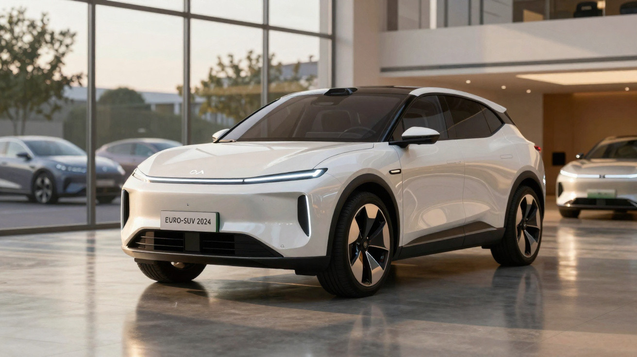 SUV elétrico branco modelo 2024 estacionado em showroom moderno com janelas amplas.