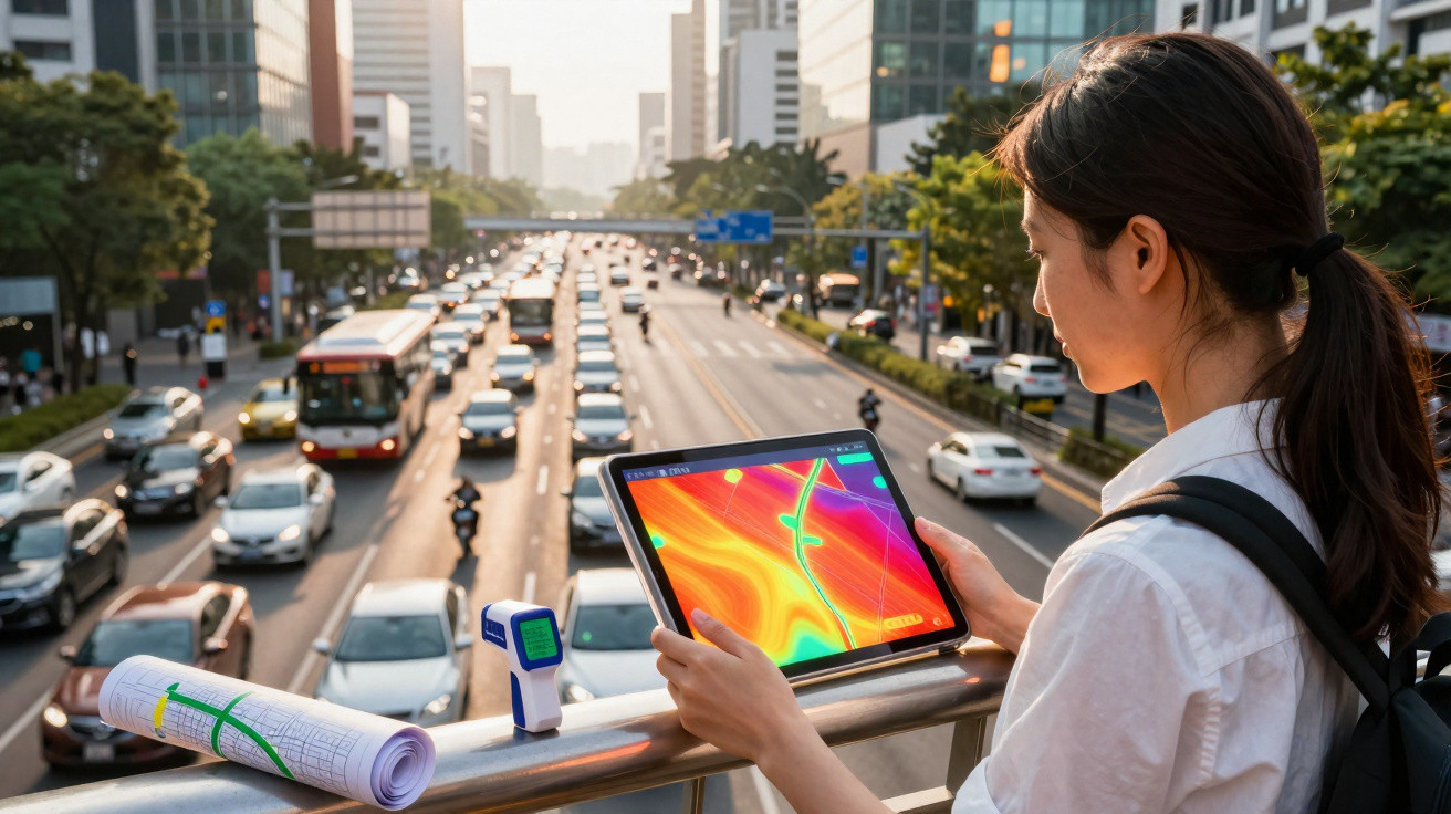 Mulher segurando tablet com mapa térmico, de frente para avenida movimentada com carros e ônibus.