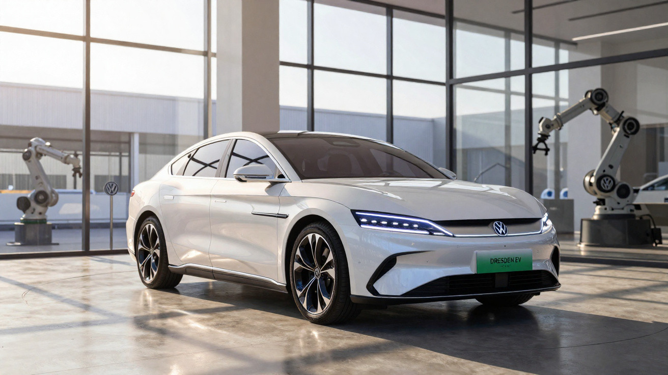 Carro elétrico Volkswagen branco estacionado em fábrica moderna com braços robóticos ao fundo.