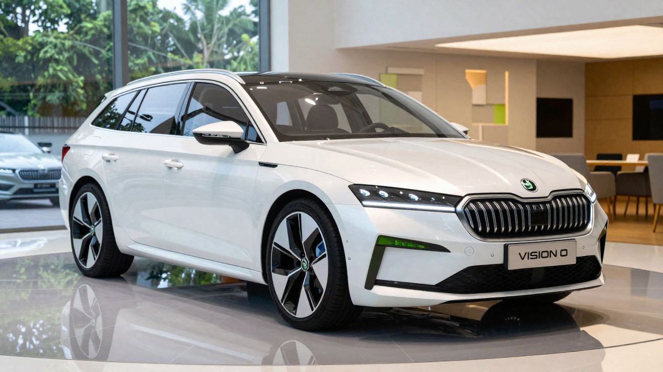Carro elétrico branco Skoda Vision 0 em exposição interna com design moderno e rodas grandes.
