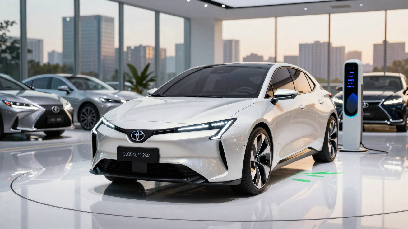 Carro elétrico branco em exibição em showroom moderno com carregador ao fundo.