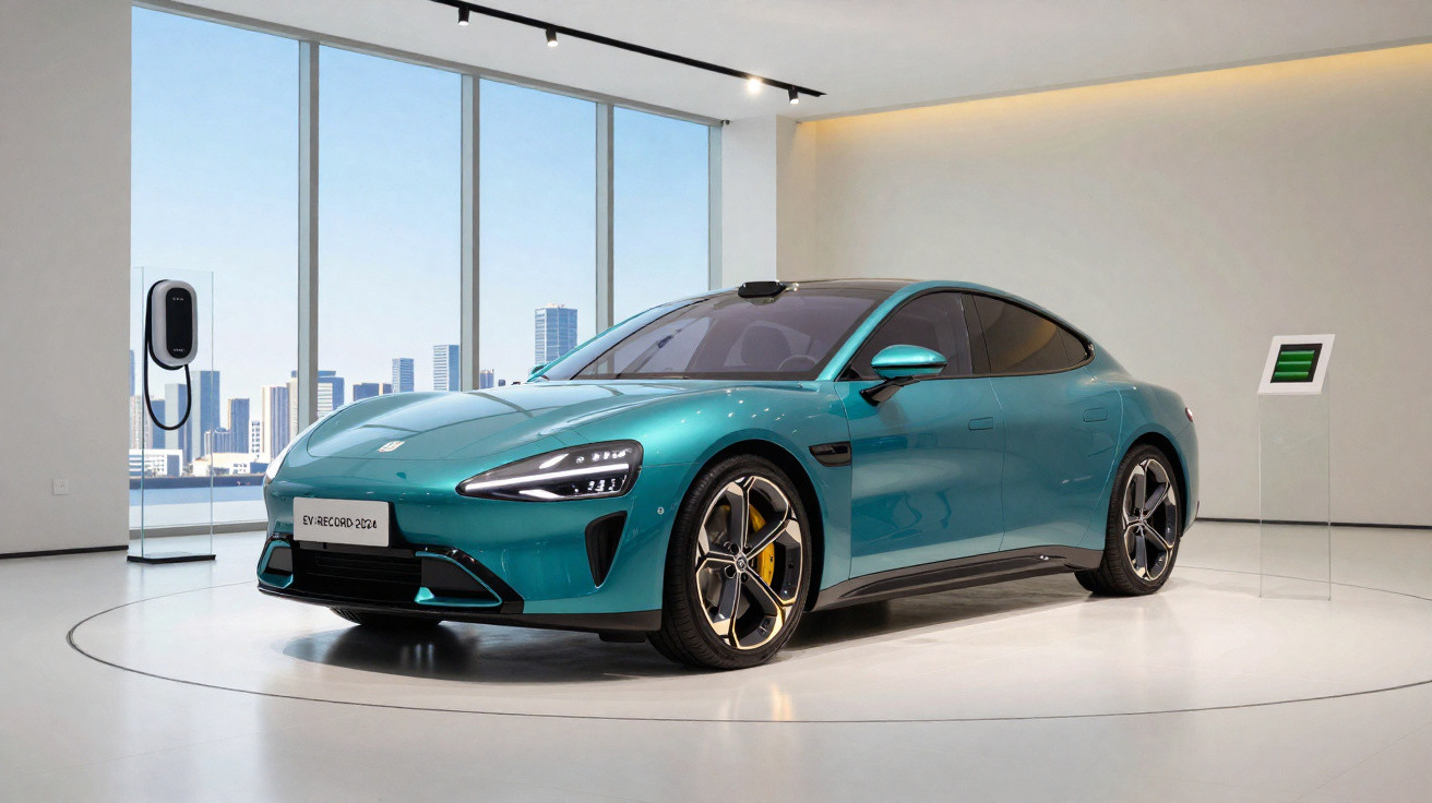 Carro elétrico azul turquesa exposto em ambiente moderno com paredes claras e vista urbana ampla.