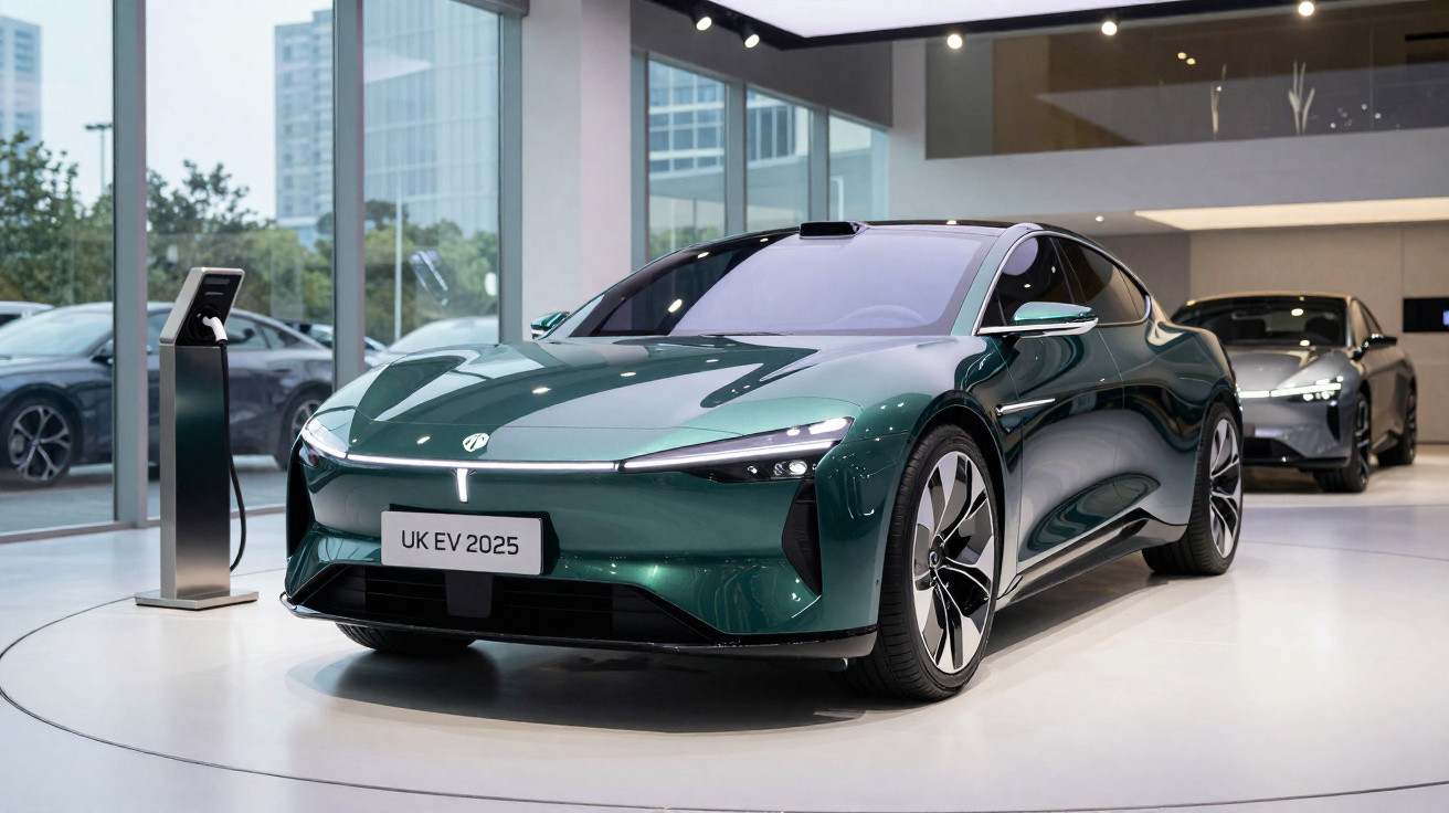 Carro elétrico verde escuro elegante exposto em showroom moderno com placas UK EV 2025.