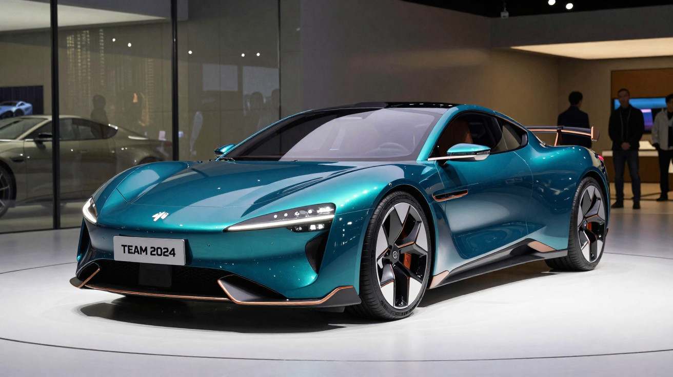 Carro esportivo elétrico azul metálico em exposição, com design aerodinâmico futurista e rodas grandes.