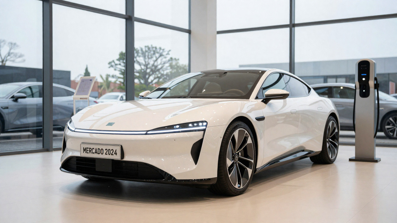 Carro elétrico branco moderno estacionado em showroom com estação de recarga ao lado.