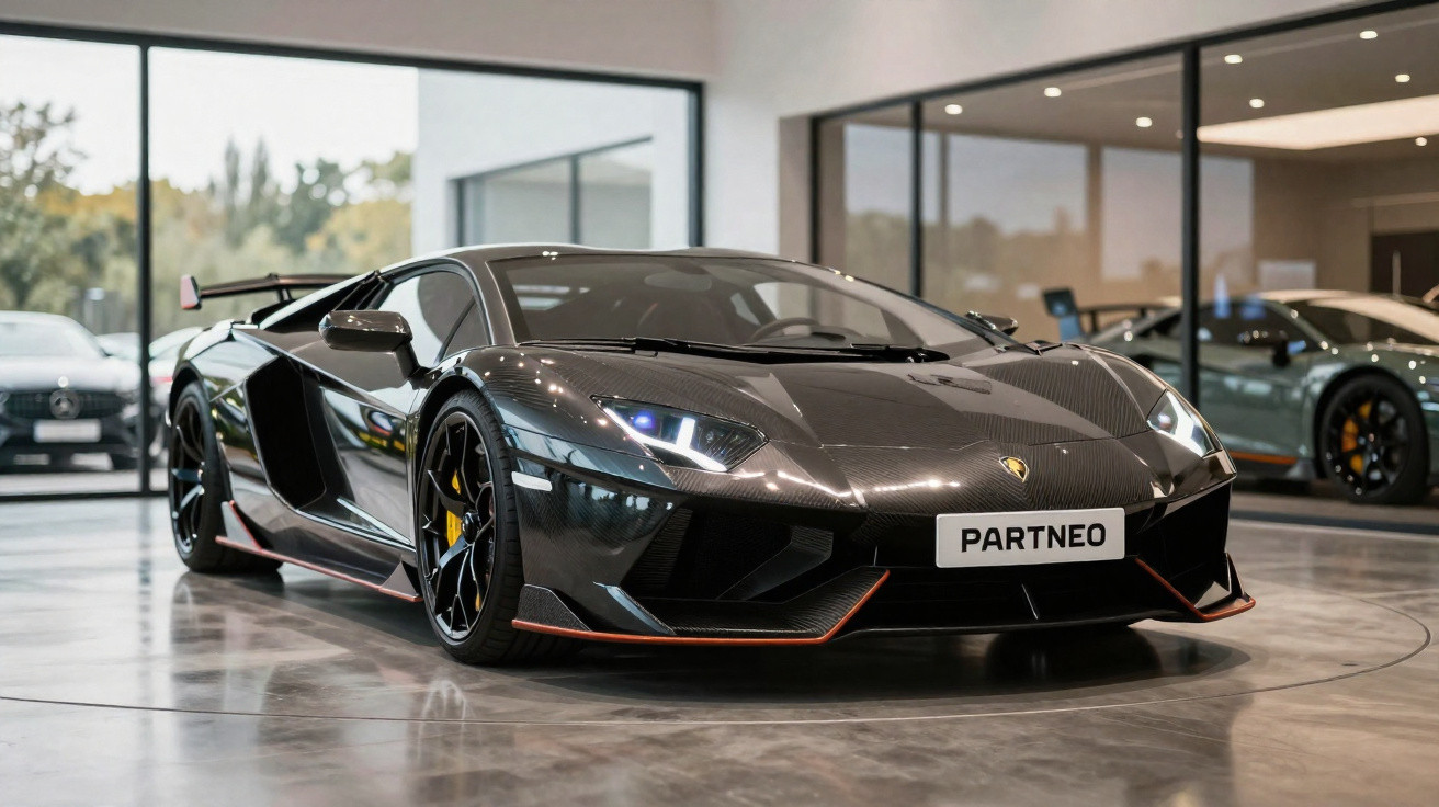 Carro esportivo preto Lamborghini estacionado em showroom moderno com piso de concreto polido.