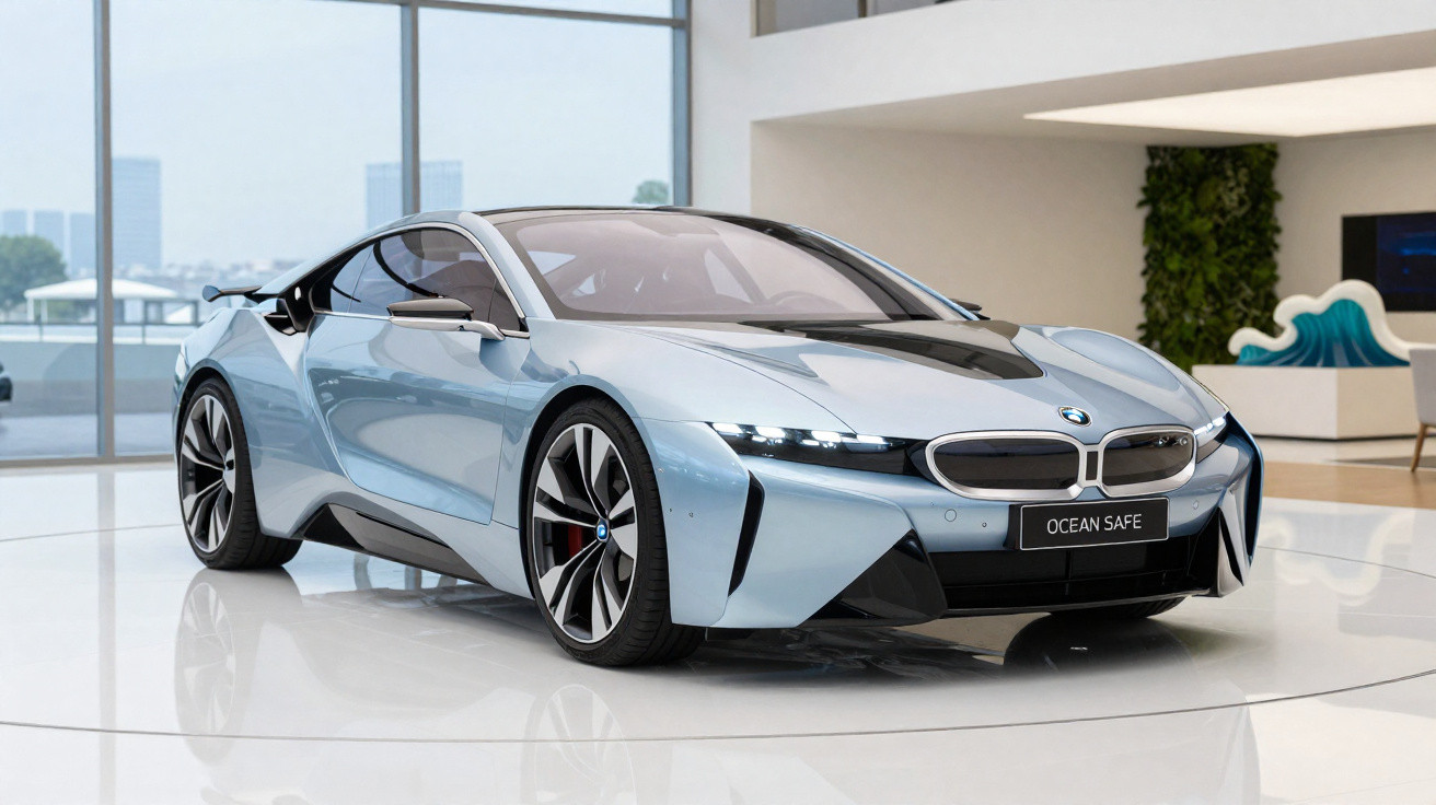 Carro esportivo elétrico BMW Ocean Safe azul claro exibido em salão moderno e iluminado.