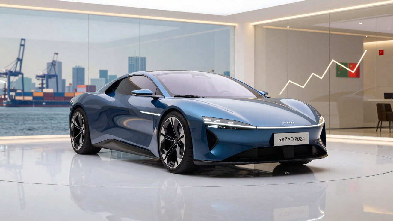 Carro esportivo azul brilhante em showroom moderno com grande janela voltada para porto marítimo.