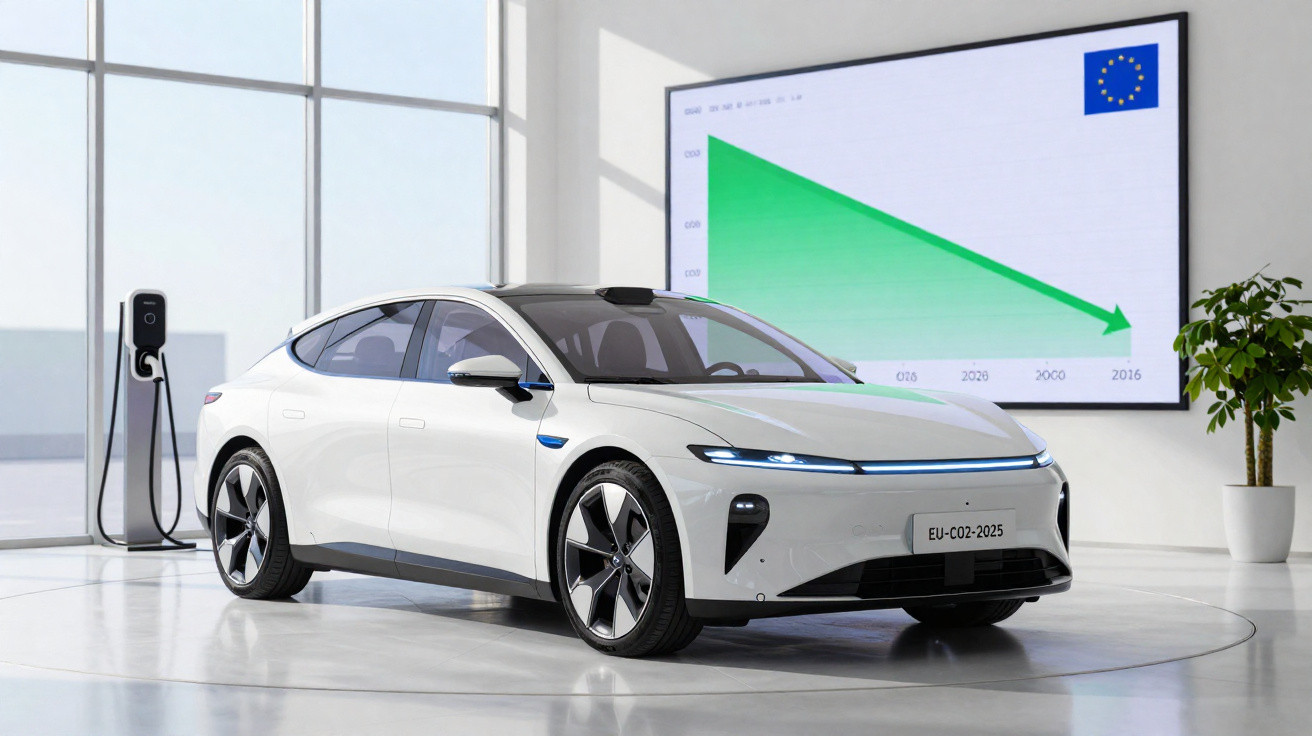 Carro elétrico branco moderno em showroom com carregador e gráfico de redução de emissões na parede.