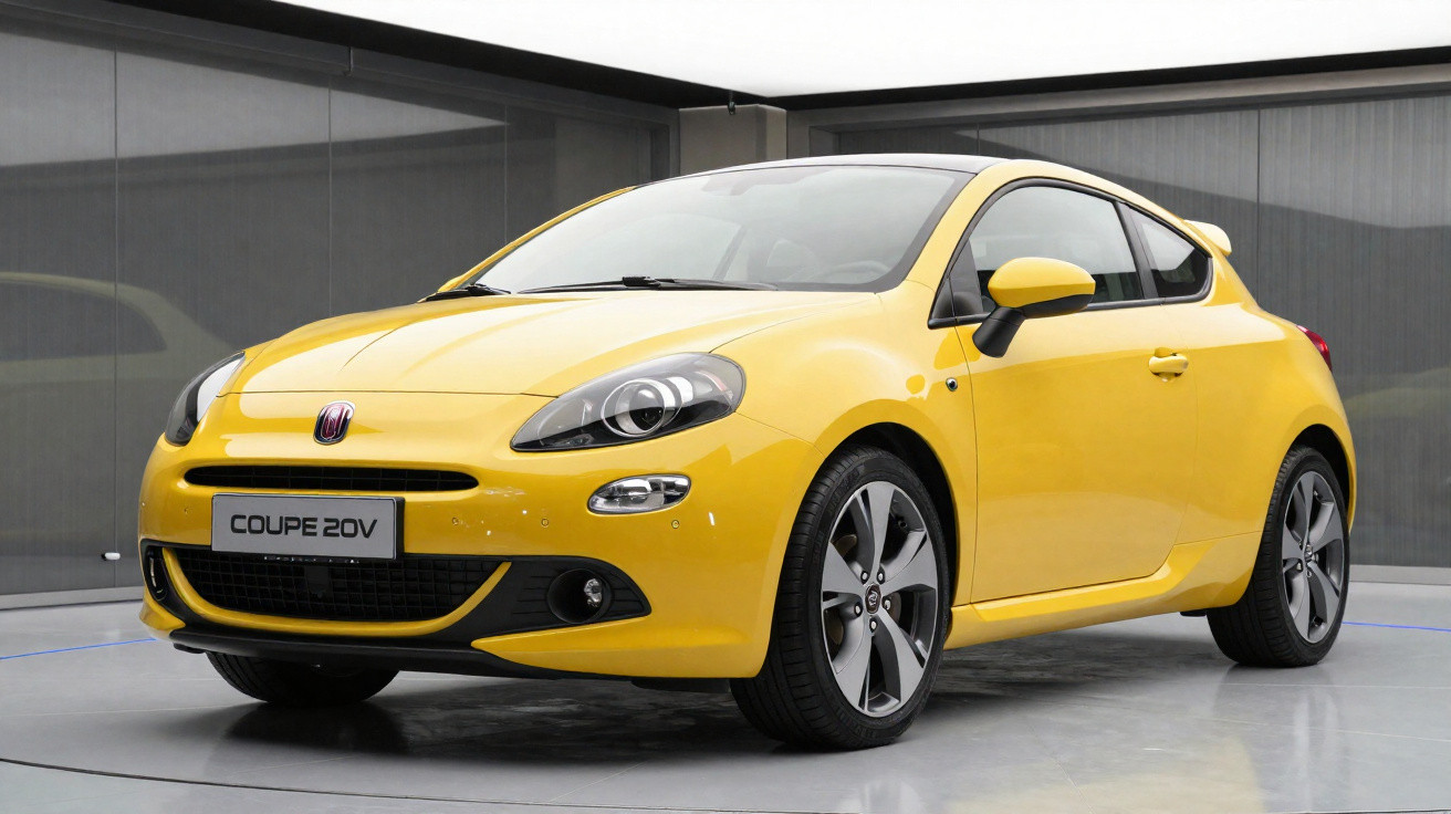 Carro esportivo amarelo Fiat Coupe 20V estacionado em ambiente interno iluminado.