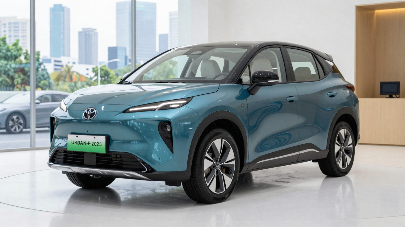Toyota Urban-E 2025 azul em exposição em ambiente interno com janelas grandes ao fundo.
