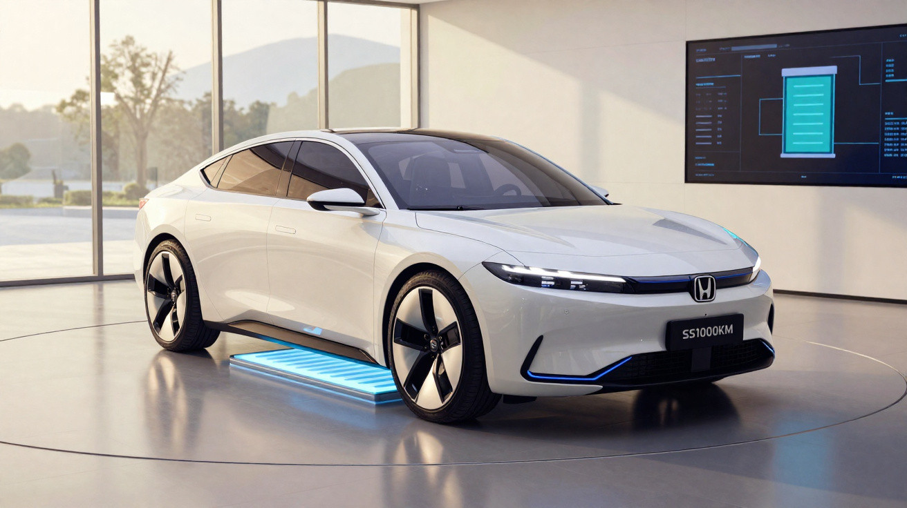 Carro elétrico branco Honda em exibição em ambiente interno com suporte iluminado azul abaixo.