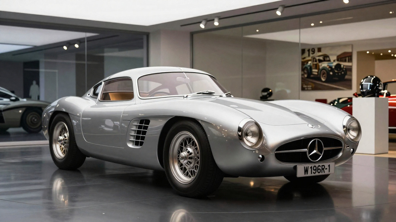 Carro esportivo clássico prateado Mercedes-Benz exposto em museu moderno com piso refletivo.