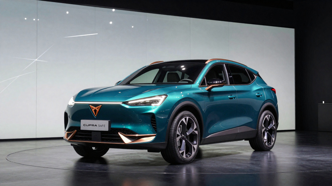 Carro elétrico verde metálico modelo SUV Cupra Formentor em apresentação interna com fundo branco e preto.