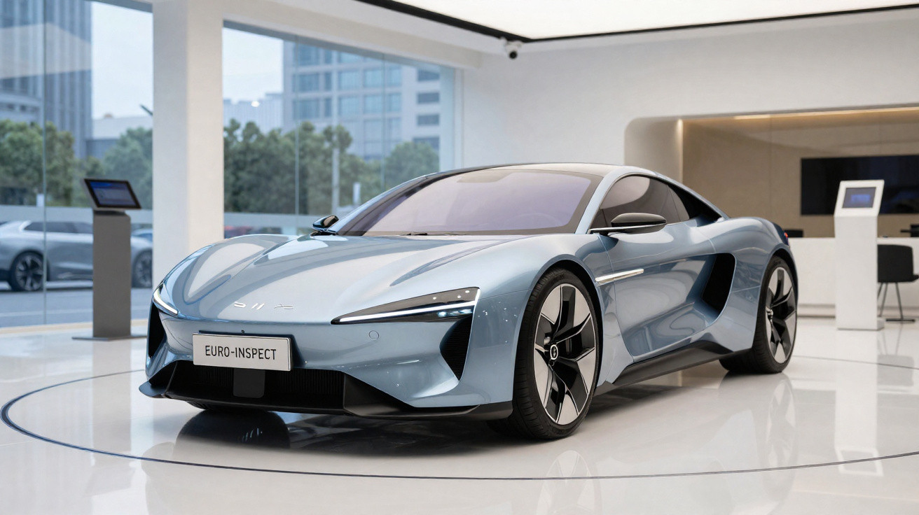 Carro esportivo elétrico prata exibido em showroom moderno com iluminação natural e piso branco brilhante.