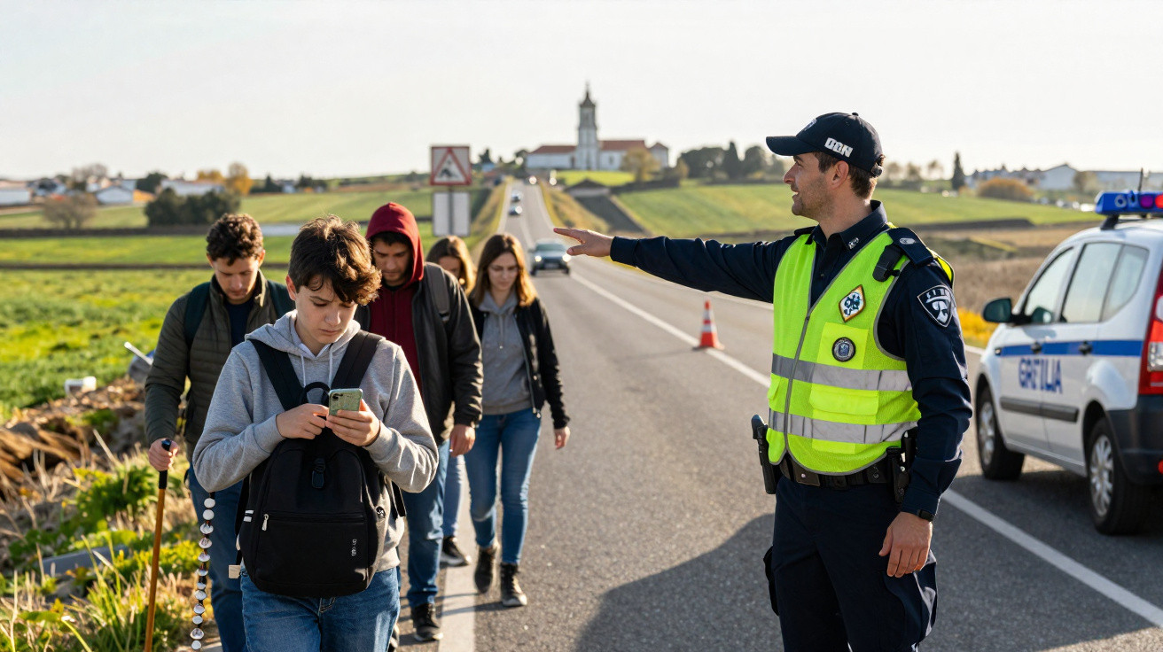 Policial de trânsito orienta grupo de jovens andando na beira de estrada rural com viatura estacionada.