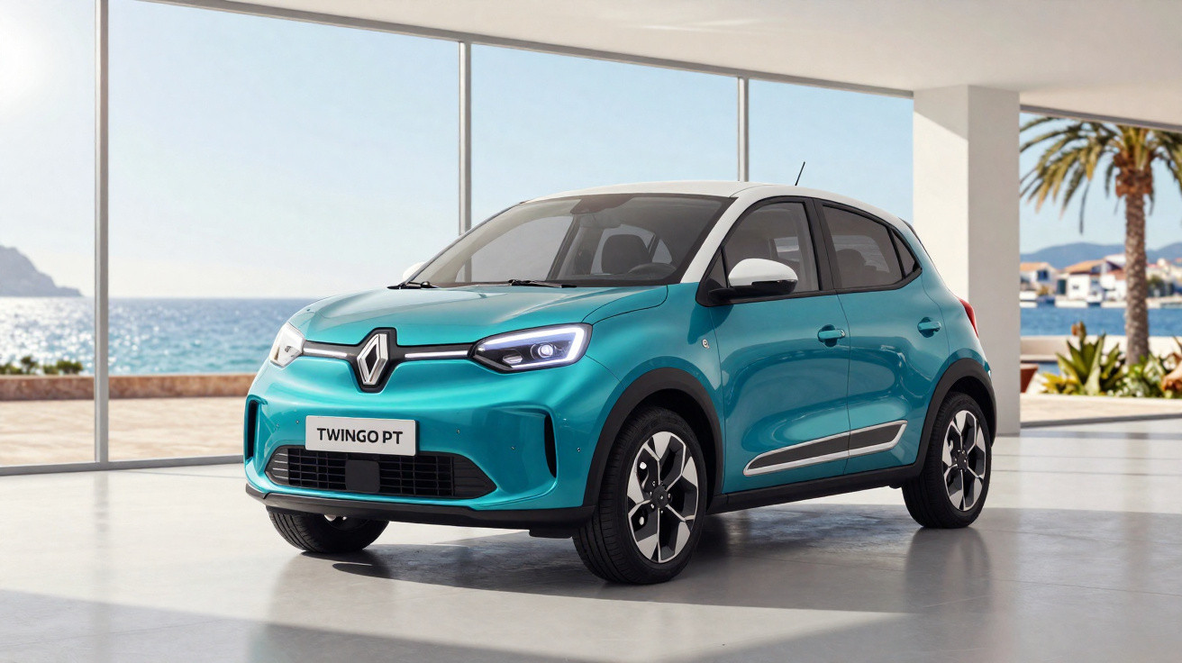 Carro Renault Twingo PT azul com teto branco estacionado em ambiente interno com vista para o mar.