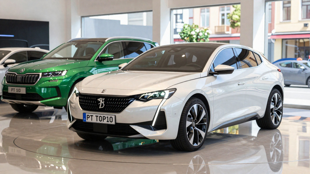 Carro branco moderno em exibição dentro de showroom, com carro verde ao fundo e grande vitrine atrás.