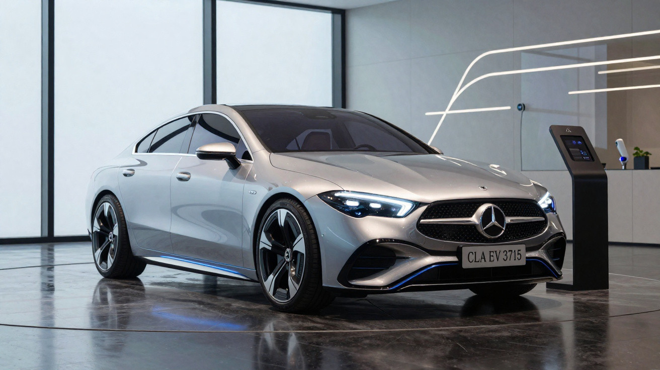 Carro elétrico Mercedes-Benz prata estacionado em showroom moderno com iluminação branca.