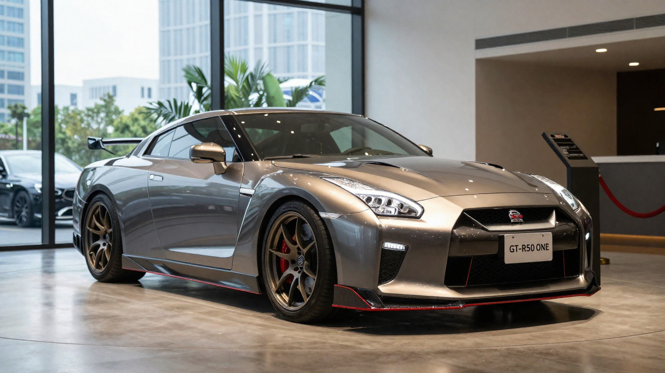 Carro esportivo cinza metálico Nissan GT-R50 One Edition exposto em showroom moderno.